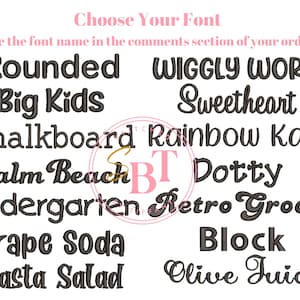 May include: A list of font names in various styles, including Rounded, Wiggly Worm, Big Kids, Sweetheart, Chalkboard, Rainbow Kale, Palm Beach, Dotty, Kindergarten, Retro Groovy, Grape Soda, Block, Pasta Salad, and Olive Juice.