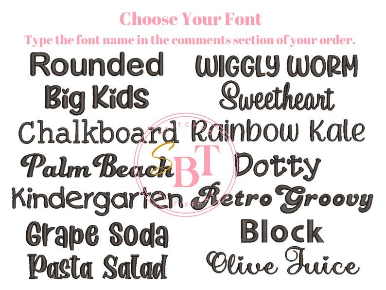 May include: A list of font names in various styles, including Rounded, Wiggly Worm, Big Kids, Sweetheart, Chalkboard, Rainbow Kale, Palm Beach, Dotty, Kindergarten, Retro Groovy, Grape Soda, Block, Pasta Salad, and Olive Juice.
