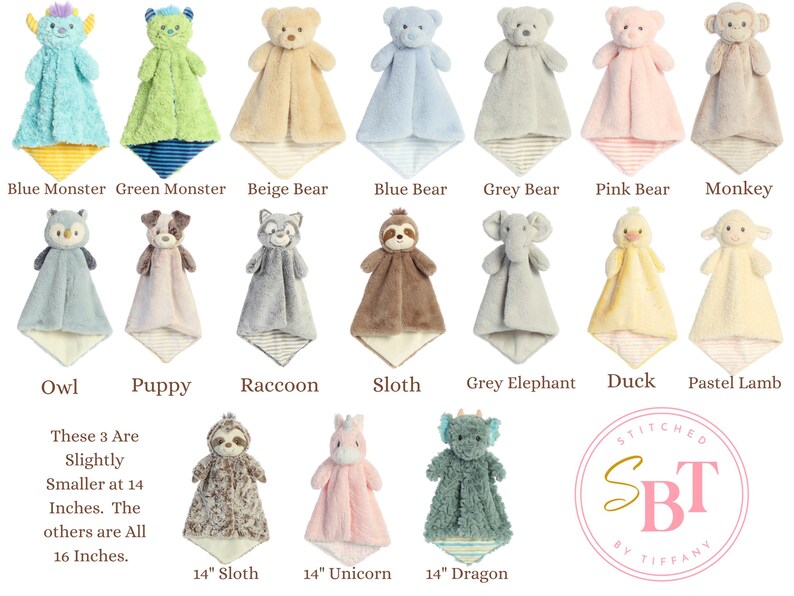 May include: A collection of 16 plush baby blankets with various animal designs, including a blue monster, green monster, beige bear, blue bear, grey bear, pink bear, monkey, owl, puppy, raccoon, sloth, grey elephant, duck, pastel lamb, sloth, unicorn, and dragon.  These 3 Are Slightly Smaller at 14 Inches. The others are All 16 Inches.