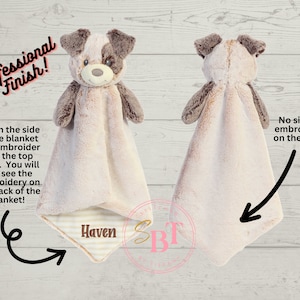 May include: A brown and white plush dog security blanket with a brown and white striped border. The blanket is personalized with the name "Haven". The back of the blanket is a solid white color. The text "Professional Finish!" is in the top left corner of the image. The text "No sign of embroidery on the back!" is in the top right corner of the image.