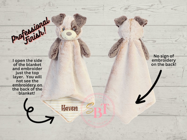 May include: A brown and white plush dog security blanket with a brown and white striped border. The blanket is personalized with the name "Haven". The back of the blanket is a solid white color. The text "Professional Finish!" is in the top left corner of the image. The text "No sign of embroidery on the back!" is in the top right corner of the image.