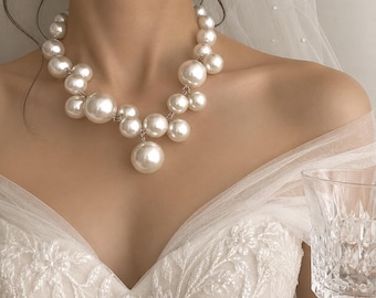 Chunky Pearl Necklace, Bridal Pearl Choker, Statement Wedding Necklace, Elegant Bride Jewelry, Vintage Pearl Necklace