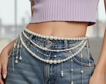 Y2K Layered Pearl Waist Chain Belt for Women Retro Body Jewelry Festival Party Accessory