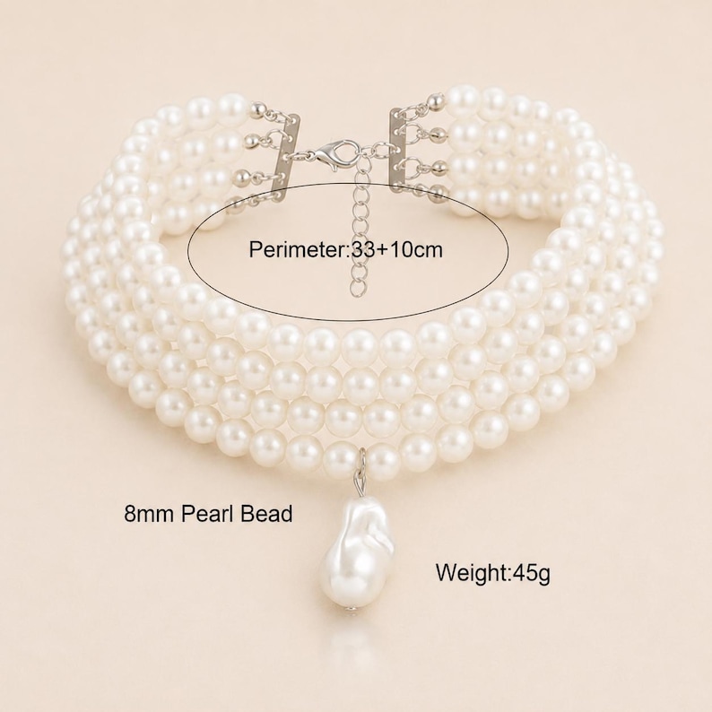 May include: A multi-strand pearl choker necklace with a large baroque pearl pendant. The necklace has a perimeter of 33+10cm and weighs 45g. The pearl beads are 8mm in size. The necklace has a silver-tone clasp.