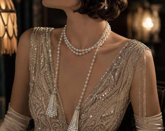 Great Gatsby Pearl Tassel Necklace, 1920s Flapper Jewelry, Downton Abbey Inspired Long Pearl Necklace, Art Deco Vintage Accessory
