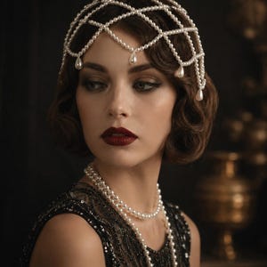 May include: A woman with dark hair and red lipstick wears a pearl headpiece and layered pearl necklaces. The black dress is embellished with sequins. The image has a vintage, art deco aesthetic.