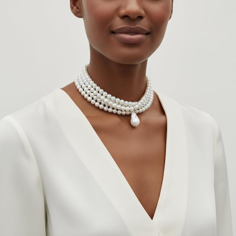 May include: A multi-strand pearl necklace with a large, teardrop-shaped pearl pendant. The necklace features several rows of small, round pearls. The model is wearing a white v-neck top. The jewelry is elegant and suitable for special occasions.