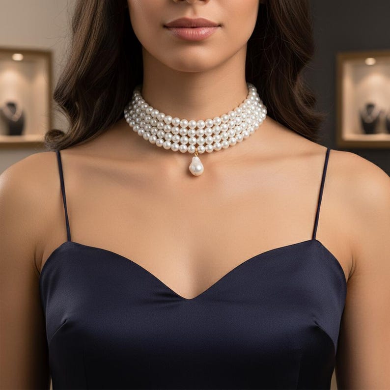 May include: A multi-strand pearl choker necklace with a single teardrop pearl pendant. The necklace is worn over a dark blue spaghetti strap dress. The pearls are white and the pendant is a creamy white color.