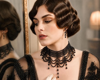 Great Gatsby Schwarze Perlen Choker Halskette, Vintage Viktorianische Halskette, 1920er Jahre Flapper Schmuck, Art Deco Gothic Halskette