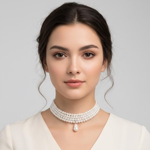 May include: A multi-strand pearl choker necklace with a teardrop-shaped pearl pendant. The necklace is composed of several rows of small, round, white pearls. The woman in the image is wearing a white top.