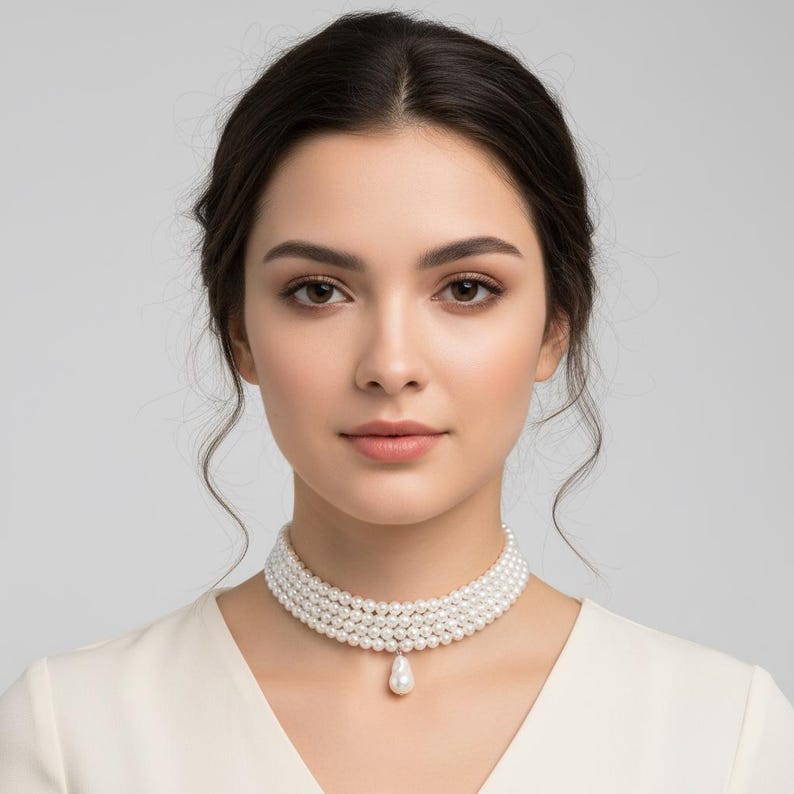May include: A multi-strand pearl choker necklace with a teardrop-shaped pearl pendant. The necklace is composed of several rows of small, round, white pearls. The woman in the image is wearing a white top.