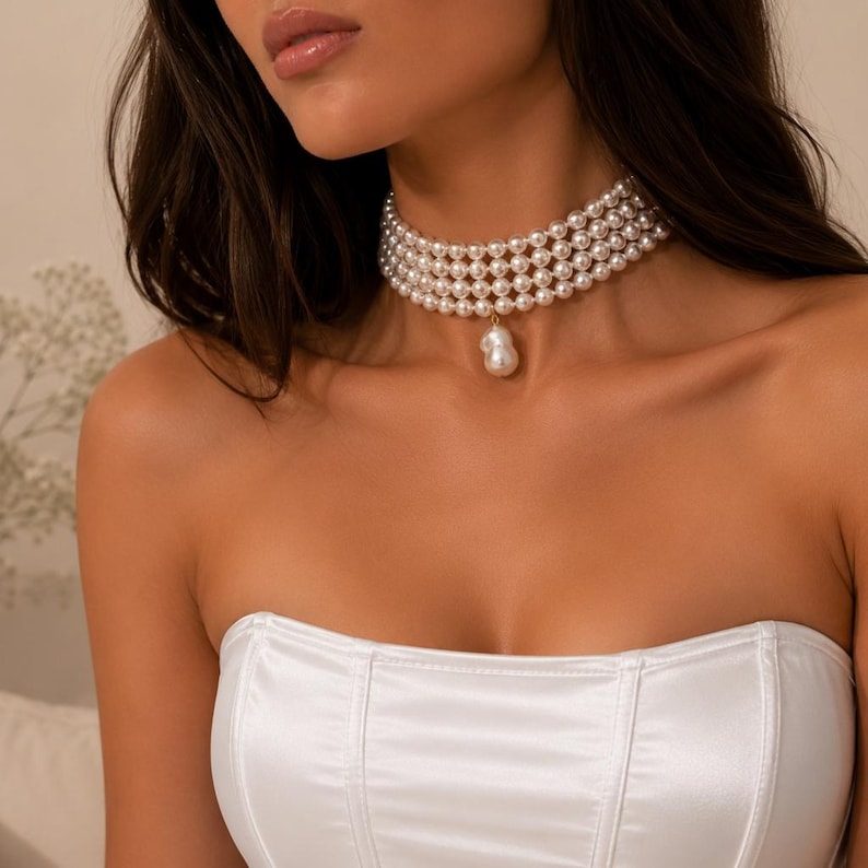 May include: A multi-strand pearl choker necklace with a large, teardrop-shaped pearl pendant. The necklace is worn with a white strapless top. The pearls are white and the pendant is a creamy off-white color.