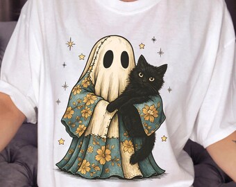Retro Halloween PNG: Denim Ghost, Black Cat & Pumpkin - Sublimation Design