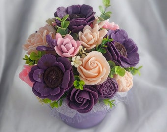 Bouquet of soap flowers, purple and soft pink