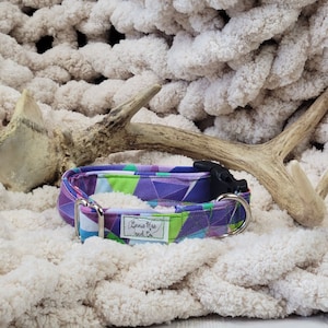 May include: A colorful dog collar with a geometric pattern in shades of purple, green, and white. The collar has a silver buckle and a silver D-ring. The collar is on a white fluffy surface with a brown antler.