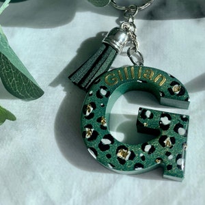 Dark Green Leopard Print Personalised Initial Keyring // Custom Name Keychain, Animal Print Accessory