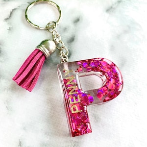 Personalised Pink Glitter Letter Keyring Keychain with Gold name // Custom Gift For Her, Stocking Filler