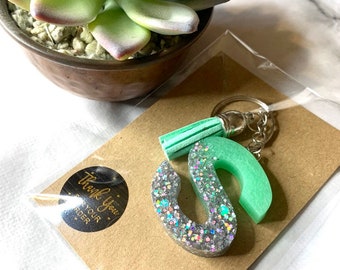 Mint Green & Silver Glitter Personalised Letter initial resin keychain/keyring // gift for her, custom made