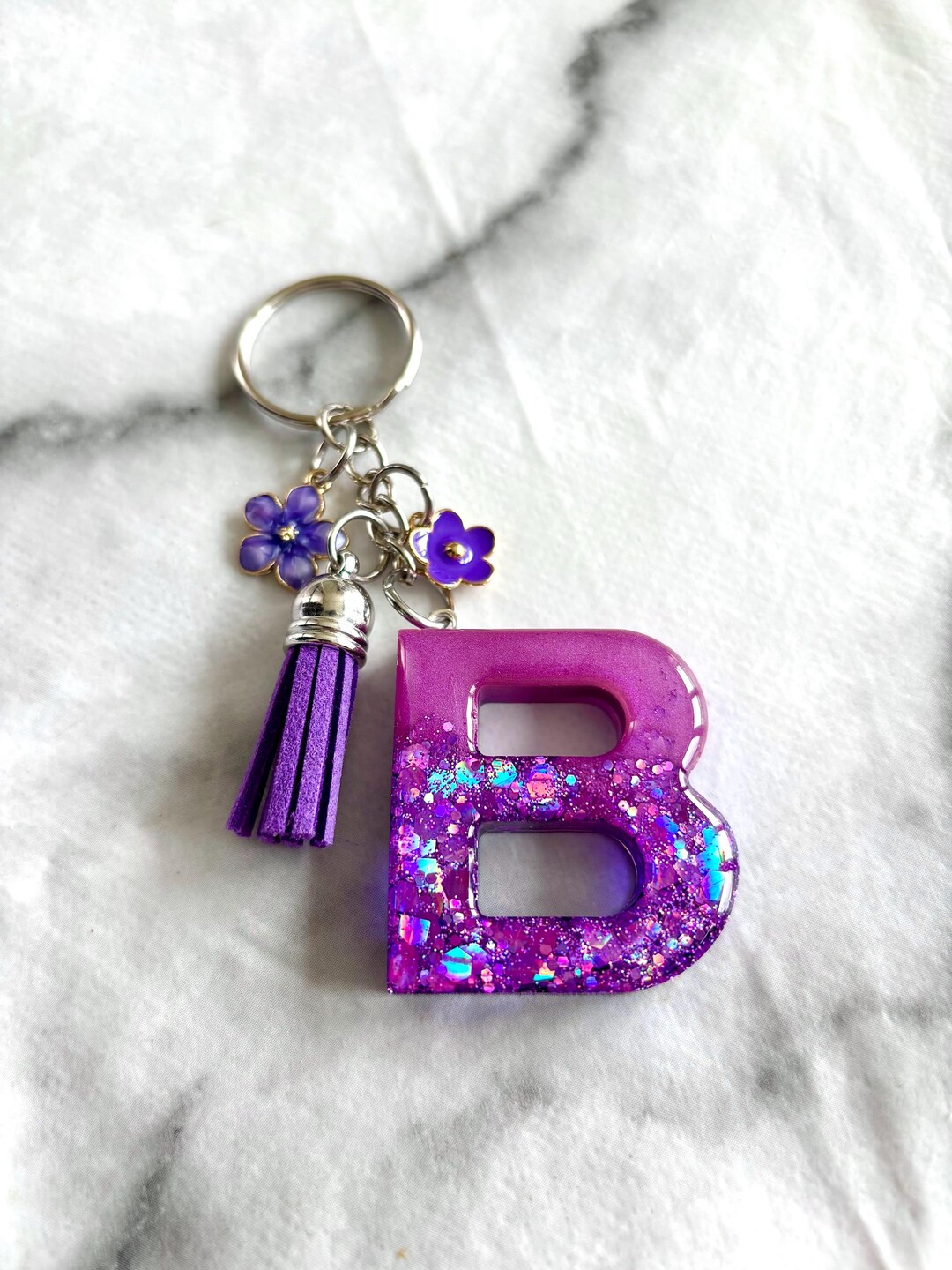 Purple Keyring Personalised Initial Keyring Purple Glitter Flowers // Custom Made ...