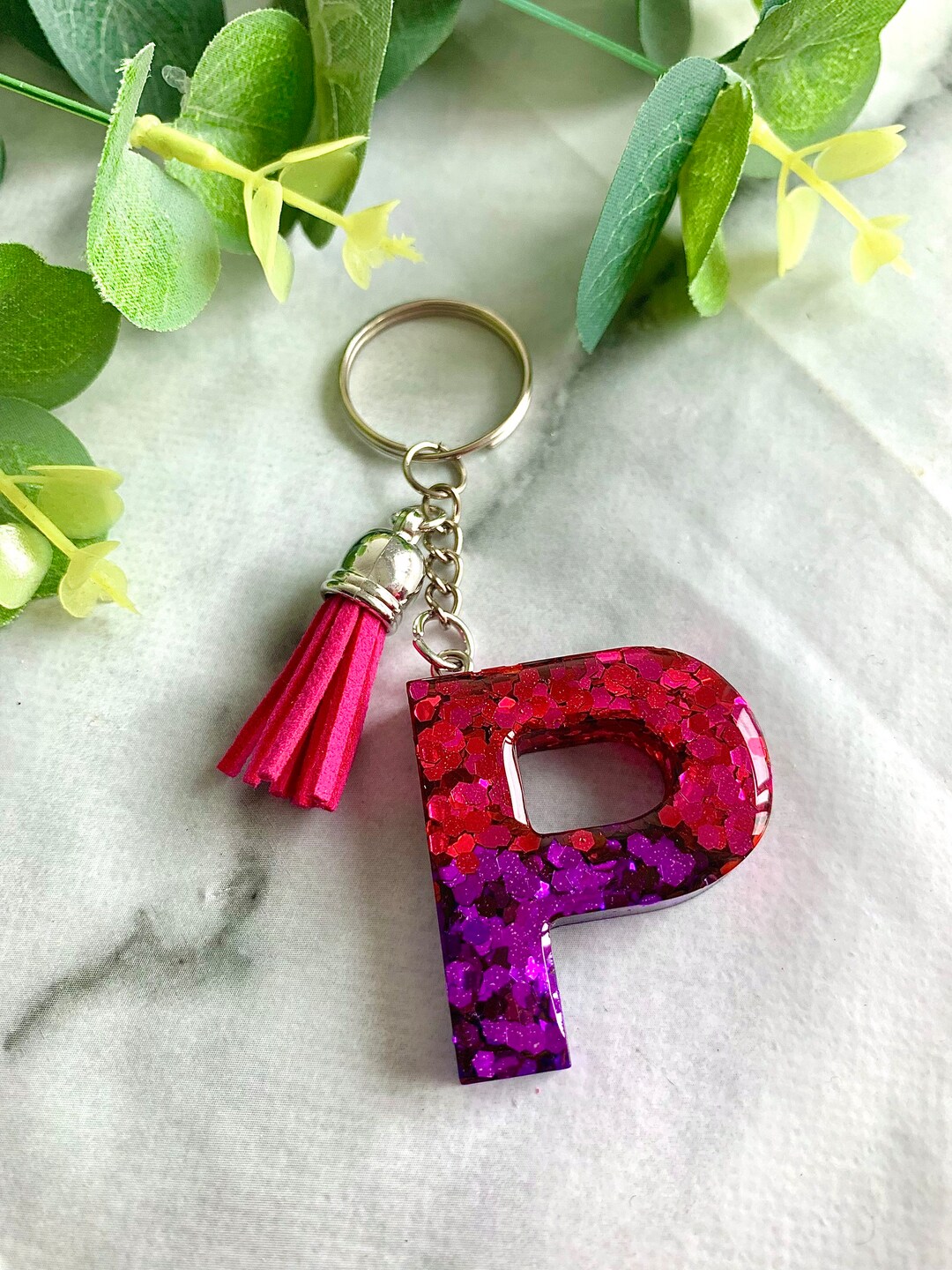 Pink and Purple Glitter Initial Keyring // Custom Keychain