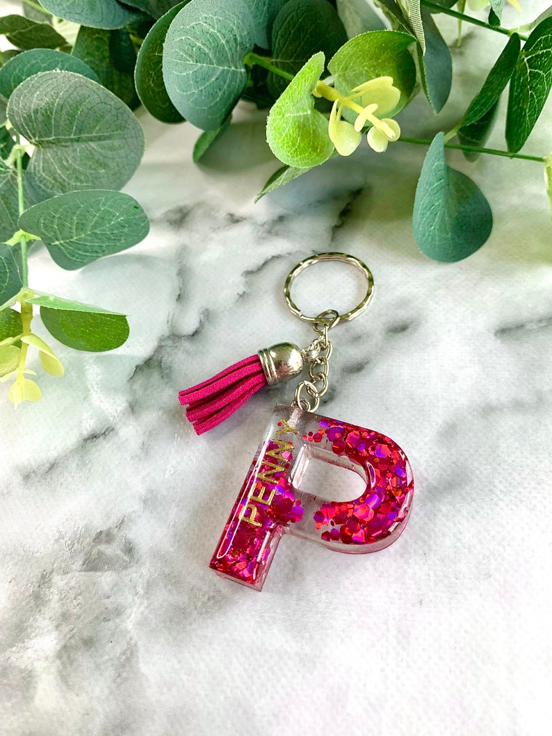 Personalised Pink Glitter Letter Keyring Keychain With Gold Name ...