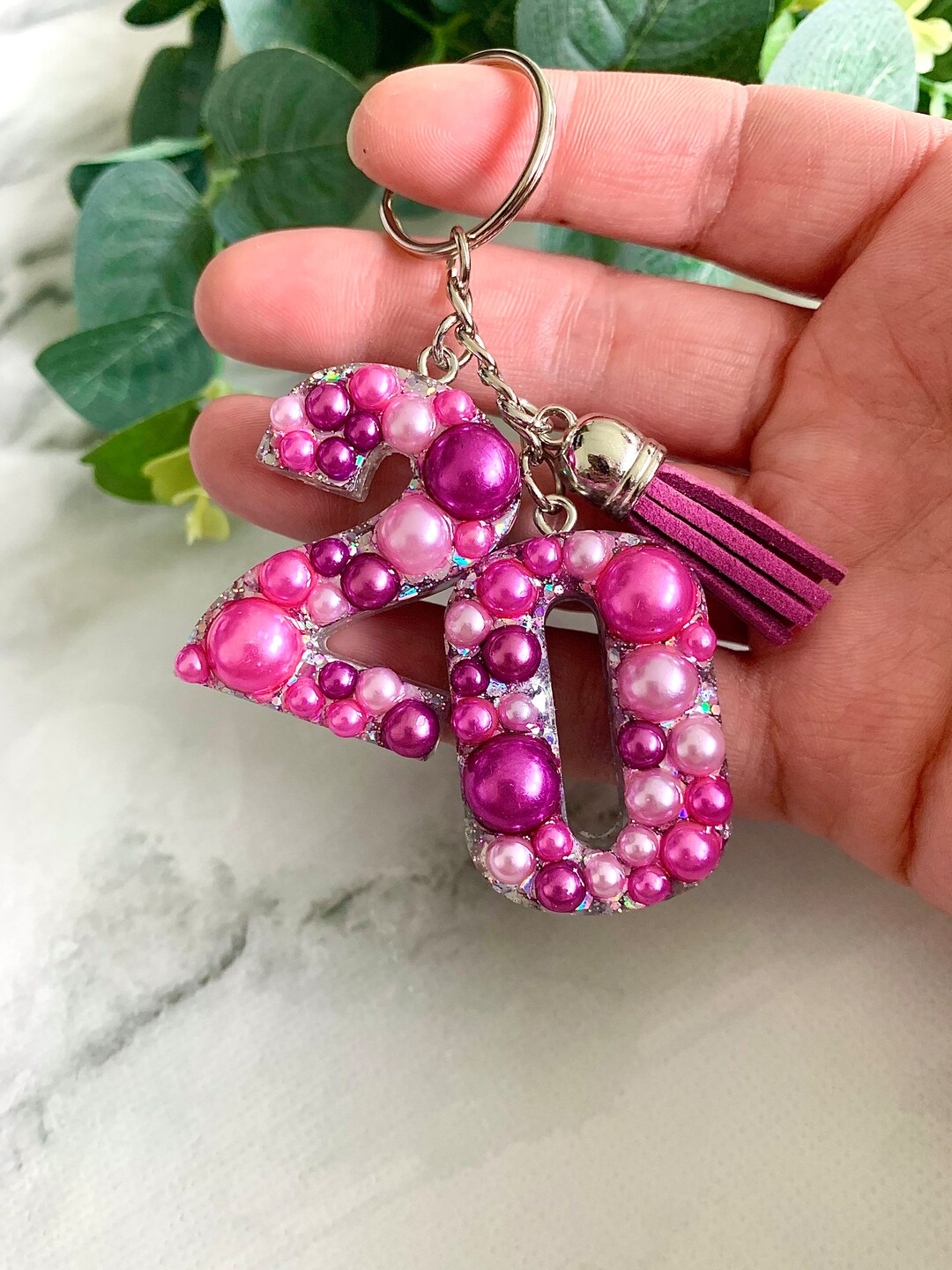 Personalised Birthday Age Keyring Silver Topped With Pink Pearls ...