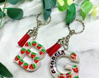 Strawberry themed Personalised Initial Keyring // Custom made, Personalised gift, Customised keychain