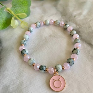 Star Sign Taurus Beaded Bracelet Birthday Gift // Marble beads, Glass Faceted, Horoscope, Zodiac Charm, April-May Birthday