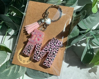 PERSONALISED Initial Keyring Pink Leopard Print Birthday Gift //Birthday Animal Print Keychain with Small Resin Birthday Age Numbers