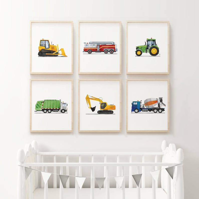 Vertical Set of 6 Vehicle Prints, Construction Wall Art, Transportation Nursery, Kids Gallery Wall Set, Truck Wall Art, Nursery Truck Prints image 9