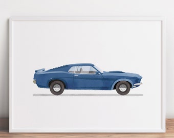 Retro Sports Car Print, Automobile Wall Art, Muscle Car Poster, Kids Room Wall Art, Vehicle Prints, Boys Room Decor, Watercolor Car Art