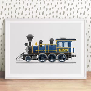 Blauwe locomotief print, trein afdrukbaar decor, spoorweg kunst, stoommachine kunst, transport kunst, peuter jongen slaapkamer kunst, trein kunst aan de muur