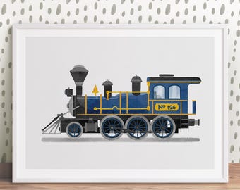 蒸気機関車の水彩画アートプリント、交通機関の装飾（デジタルファイル