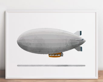 May include: A watercolor illustration of a gray blimp with a small orange gondola. The blimp is flying against a white background.