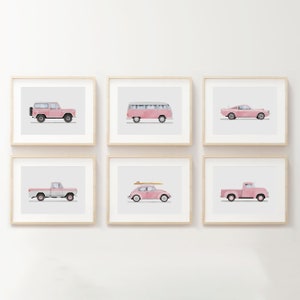 Set of 6 Vintage Pink Vehicle Prints, Girls Room Decor, Retro Car Prints For Girls Room, Kids Room Wall Art, Transportation Watercolor Art