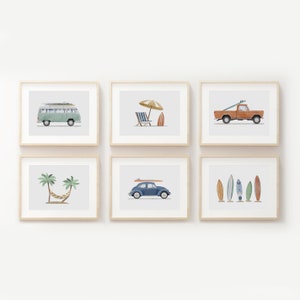Set of 6 Vintage Vehicle Surf Art Prints, Boys Room Decor, Retro Car Prints For Boys Room, Surfboard Wall Art, Transportation Art