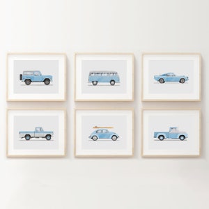 Set of 6 Vintage Baby Blue Vehicle Prints, Boys Room Decor, Retro Car Prints For Boys Room, Kids Room Wall Art,Transportation Watercolor Art
