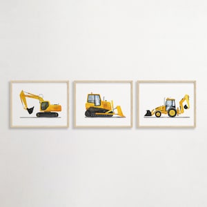 Set of 3 Construction Vehicle Prints, Construction Wall Art, Transportation Nursery, Kids Gallery Wall Set, Truck Art, Nursery Truck Prints