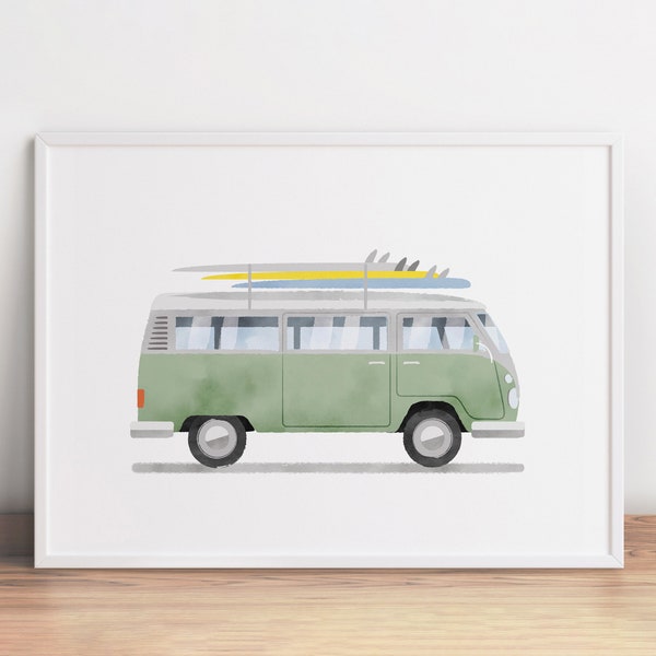 Sage Green Vintage Van Print,Classic Car Art,Surf Print,Transportation Art,Vehicle Printable, Bus Wall Art, Retro Poster, Toddler Room Decor