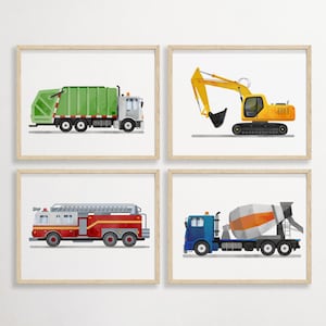 Set of 4 Vehicle Prints, Construction Wall Art, Transportation Print Nursery,  Kids Gallery Wall Set, Truck Wall Art, Nursery Truck Prints