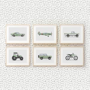 Juego de 6 láminas de vehículos verde salvia, decoración para habitación infantil, láminas de coches retro, arte mural para habitación infantil, acuarela de transporte