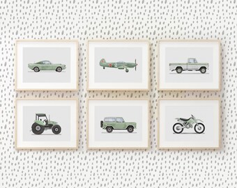 Set of 6 Sage Green Vehicle Prints, Boys Room Decor, Retro Car Prints For Boys Room, Kids Room Wall Art, Transportation Watercolor Art