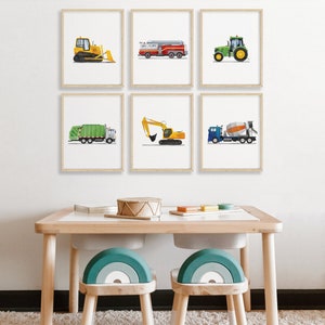 Vertical Set of 6 Vehicle Prints, Construction Wall Art, Transportation Nursery, Kids Gallery Wall Set, Truck Wall Art, Nursery Truck Prints image 2