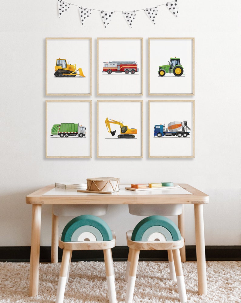 Vertical Set of 6 Vehicle Prints, Construction Wall Art, Transportation Nursery, Kids Gallery Wall Set, Truck Wall Art, Nursery Truck Prints image 2