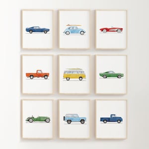 Set of 9 Vertical Vintage Vehicle Prints, Boys Room Decor, Retro Car Prints For Boys Room, Kids Room Wall Art, Transportation Watercolor Art