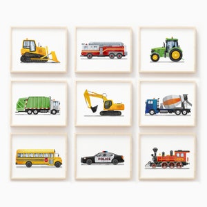 Set of 9 Vehicle Prints, Construction Wall Art, Transportation Print Nursery, Kids Gallery Wall Set, Truck Wall Art, Nursery Truck Prints