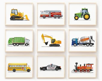 Set of 9 Vehicle Prints, Construction Wall Art, Transportation Print Nursery, Kids Gallery Wall Set, Truck Wall Art, Nursery Truck Prints