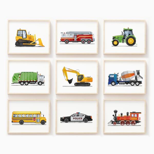 Set of 9 Vehicle Prints, Construction Wall Art, Transportation Print Nursery, Kids Gallery Wall Set, Truck Wall Art, Nursery Truck Prints