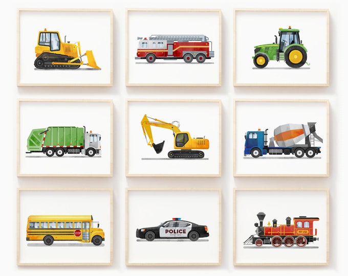 Set of 35 Vehicle Prints, Free Time Poster, Kids Wall Prints