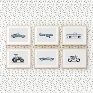 Set of 6 Pale Blue Vehicle Prints, Boys Room Decor, Retro Car Prints For Boys Room, Kids Room Wall Art, Transportation Watercolor Art